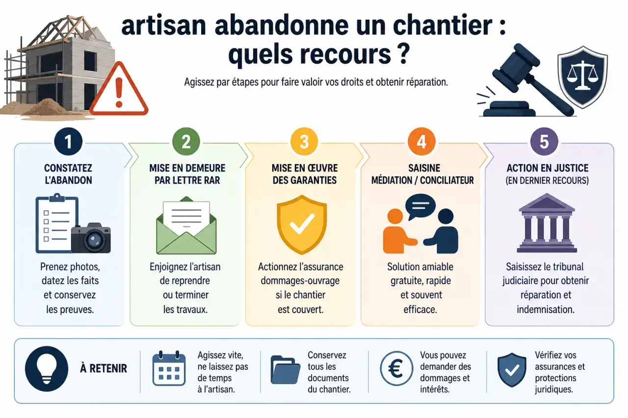 Un artisan qui ne vient pas faire les travaux ? Ce schéma explique les 5 étapes pour agir : constater l'abandon, mise en demeure, garanties, médiation, puis action en justice.