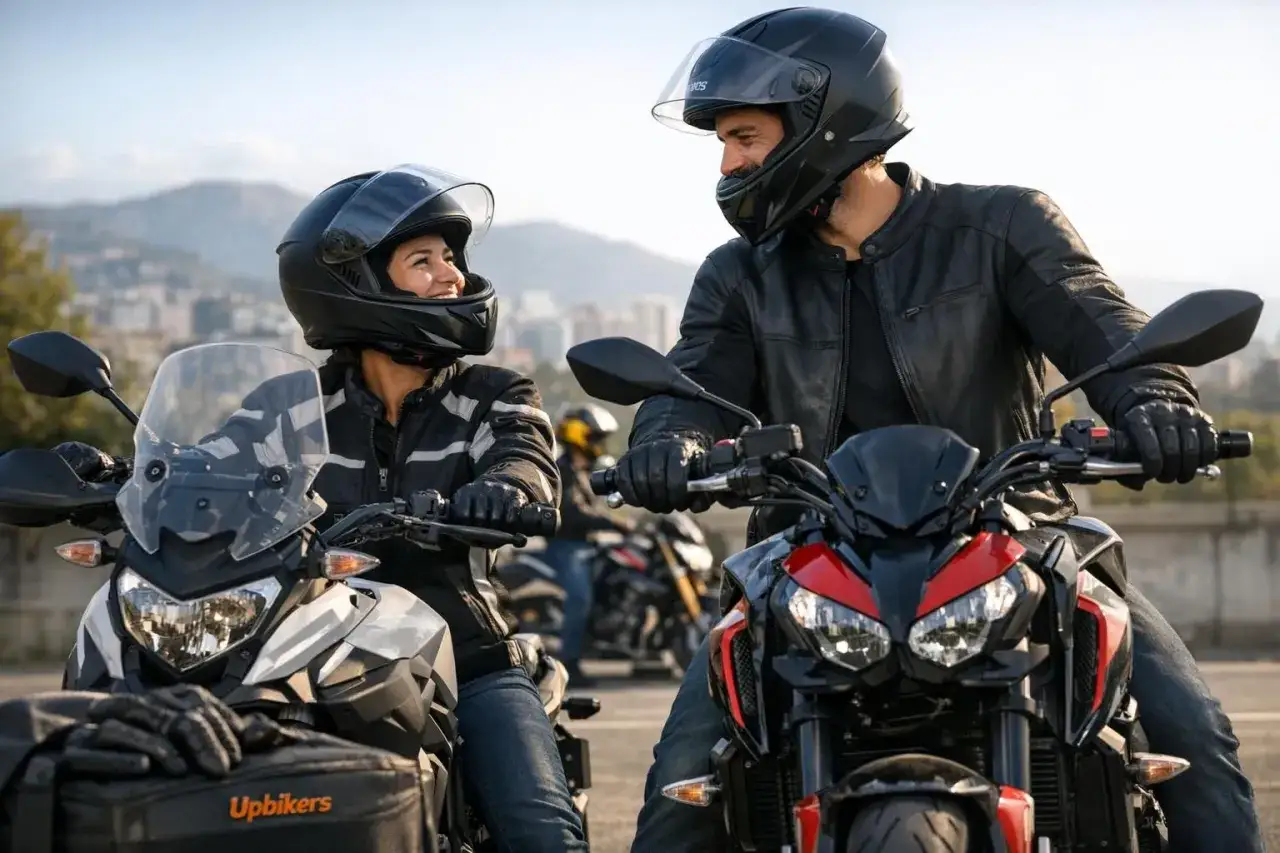 Pareja sonriente con cascos, sentada a horcajadas en sus motos, listos para la aventura.