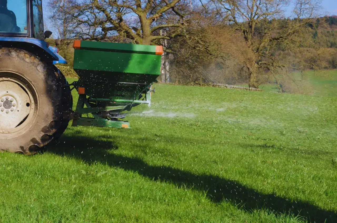 Traktor z rozsiewaczem nawozu, który rozprowadza kizeryt na zielonej łące.