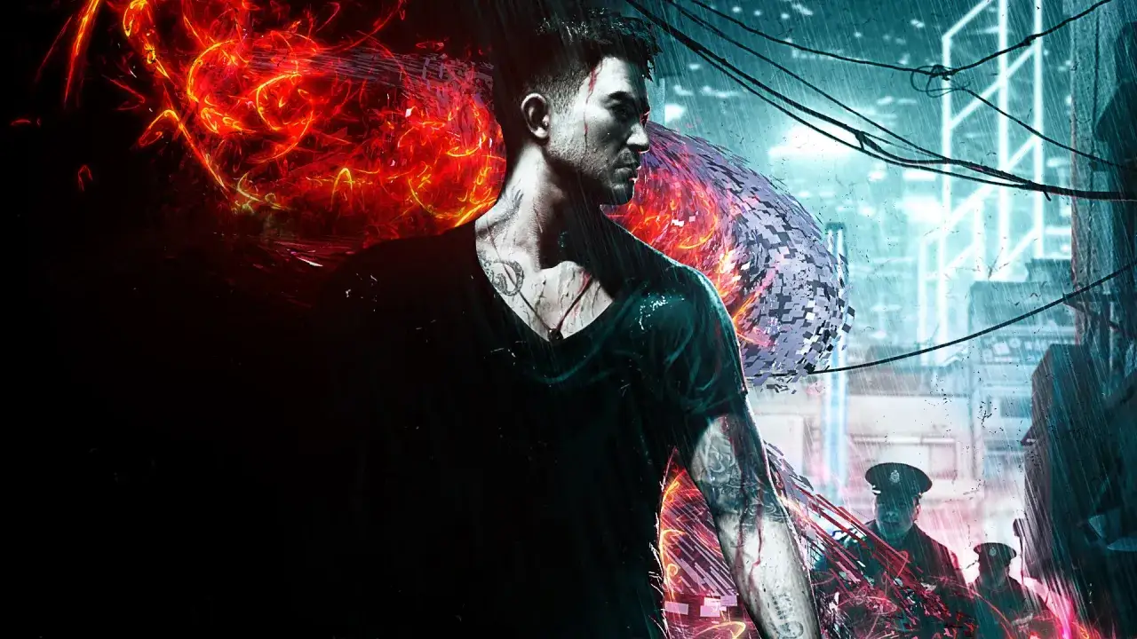 Un uomo con tatuaggi guarda intensamente, circondato da fiamme rosse e un'energia viola. La pioggia cade su una citt&agrave; futuristica, con poliziotti sullo sfondo. Un'immagine che ricorda Sleeping Dogs 2.