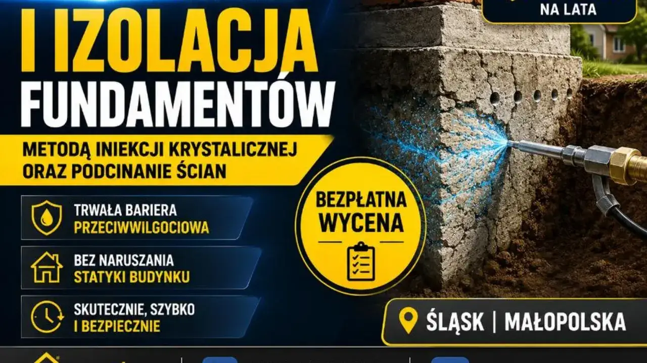 Profesjonalne osuszanie fundamentów metodą iniekcji krystalicznej. Trwała bariera przeciwwilgociowa, bez naruszania statyki budynku. Bezpłatna wycena.
