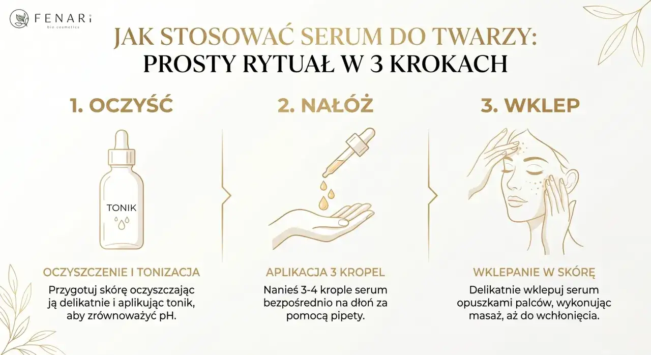 Jak stosować serum do twarzy: 1. Oczyść skórę tonikiem. 2. Nałóż 3-4 krople serum na dłoń. 3. Wklep delikatnie opuszkami palców.