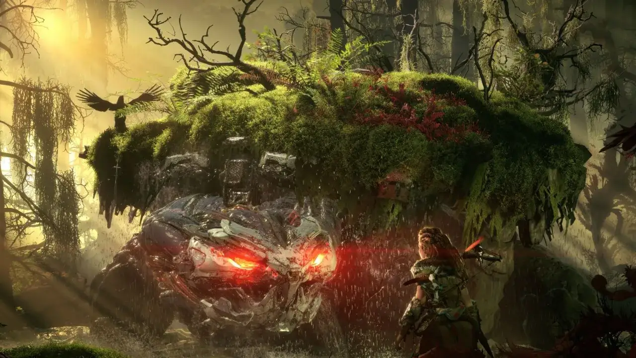 Aloy staje naprzeciw potężnej maszynie w gęstej, porośniętej mchem dżungli. To kluczowy moment w Horizon Forbidden West, poradnik pomoże Ci go przetrwać.