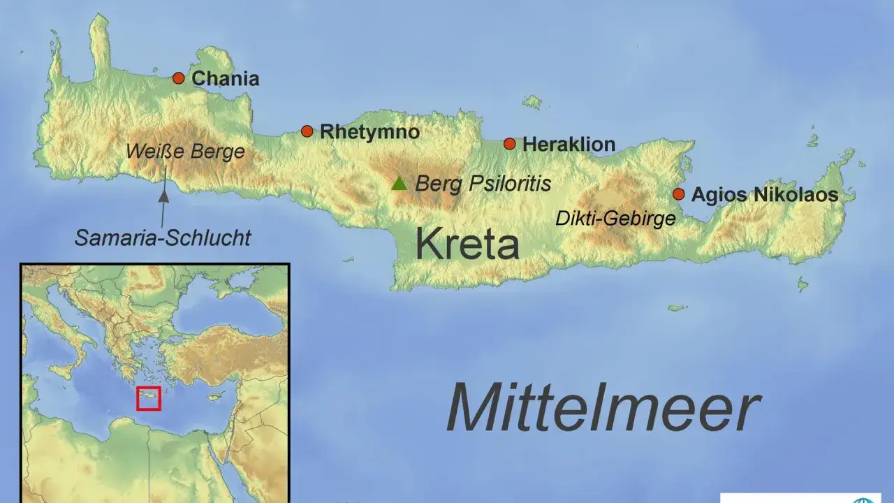 Karte von Kreta, welche griechische Insel im Mittelmeer. Zeigt St&auml;dte wie Chania, Rethymno, Heraklion, Agios Nikolaos, sowie Berge und die Samaria-Schlucht.