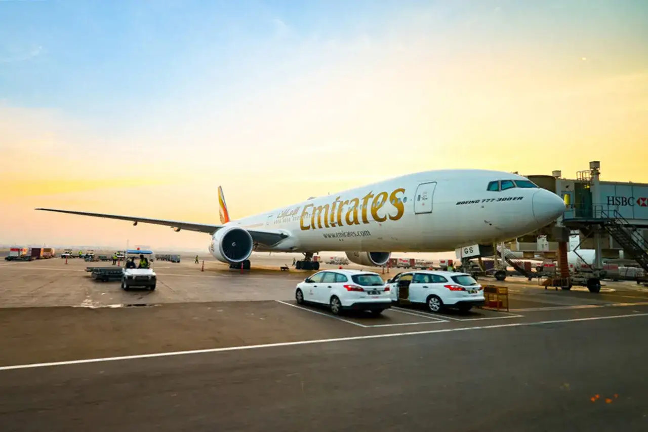 Emirates Airlines am Flughafen, bereit für den nächsten Flug. Eine positive Emirates Airlines Bewertung ist bei diesem Anblick wahrscheinlich.