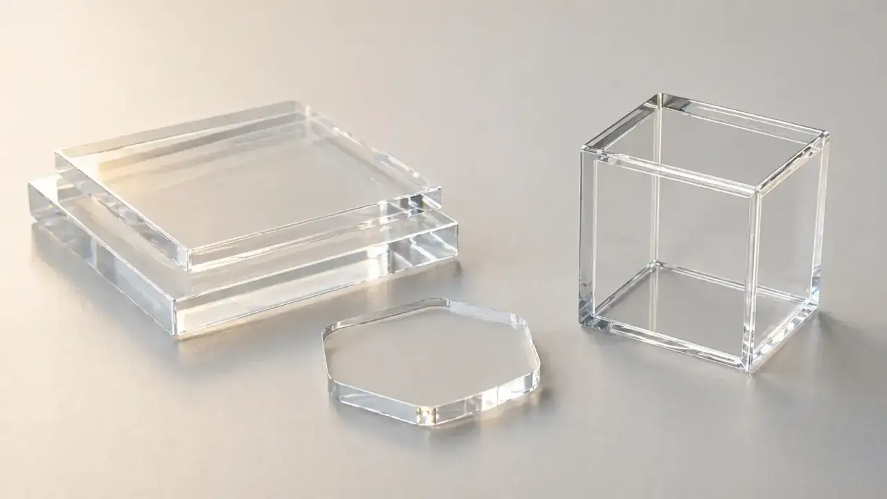 Clear acrylic blocks, a stack of squares, a hexagon, and a cube, sit on a reflective surface.
