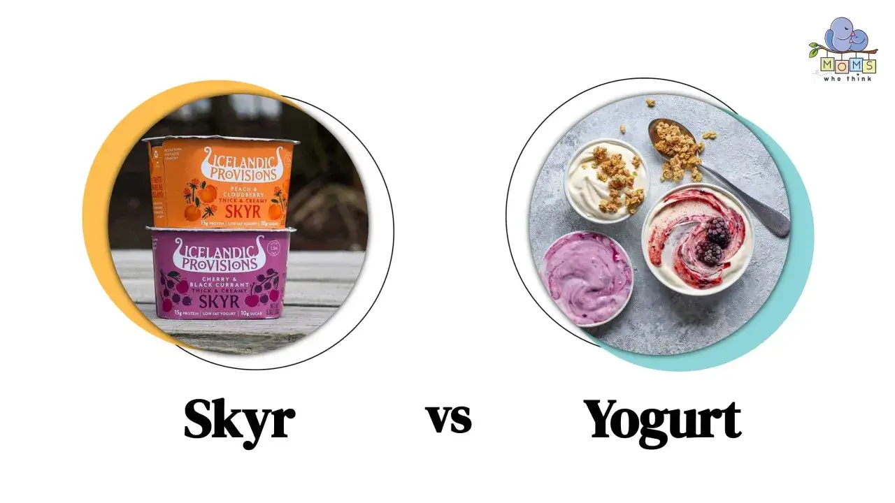 Zwei Becher Skyr neben Schalen mit Joghurt und Granola. Ein Vergleich zwischen Skyr und Joghurt.