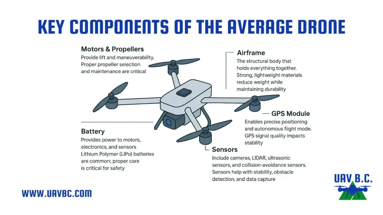 Die UAS-Bedeutung wird durch ihre Komponenten erklärt: Airframe, Motoren, Akku, GPS und Sensoren.