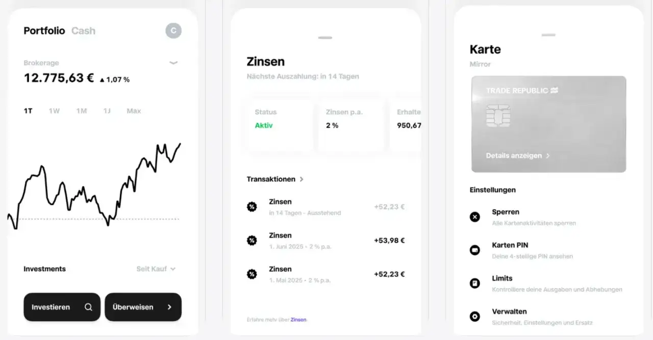 Kontoauszug Trade Republic: Portfolio mit 12.775,63&euro;, Zins&uuml;bersicht und Kartenverwaltung.