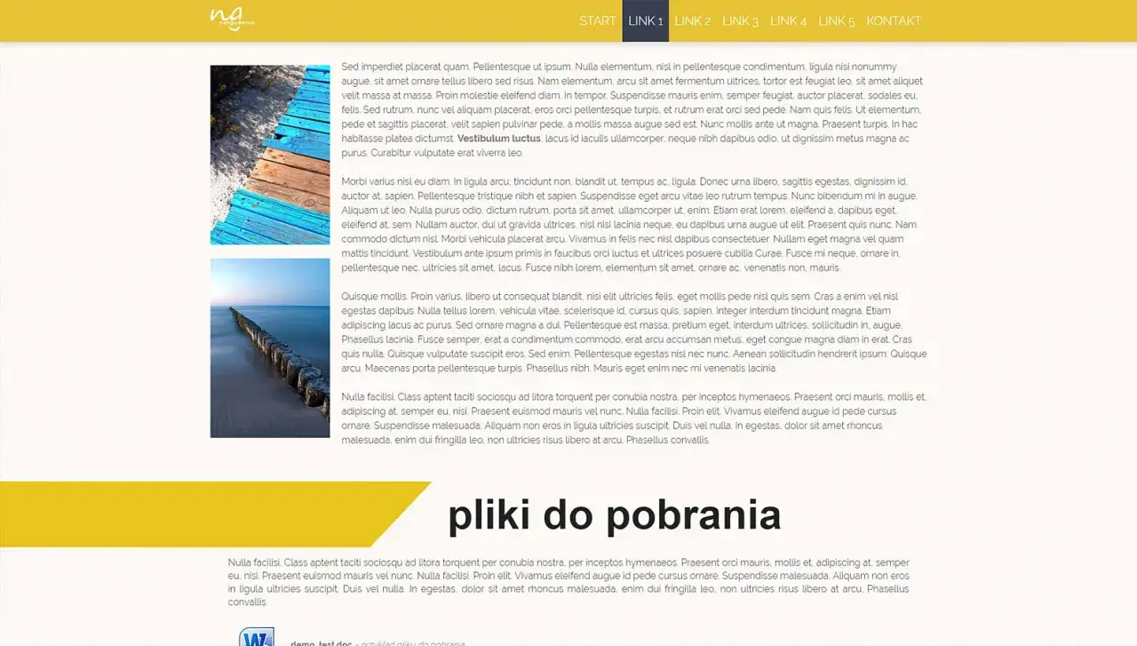 Strona wizyt&oacute;wka z elementami nawigacji i zdjęciami plażowymi.