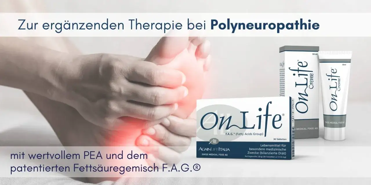 Schmerzende Füße bei Polyneuropathie. PEA-Wirkung auf die Psyche wird unterstützt durch F.A.G.®. On Life Produkte.