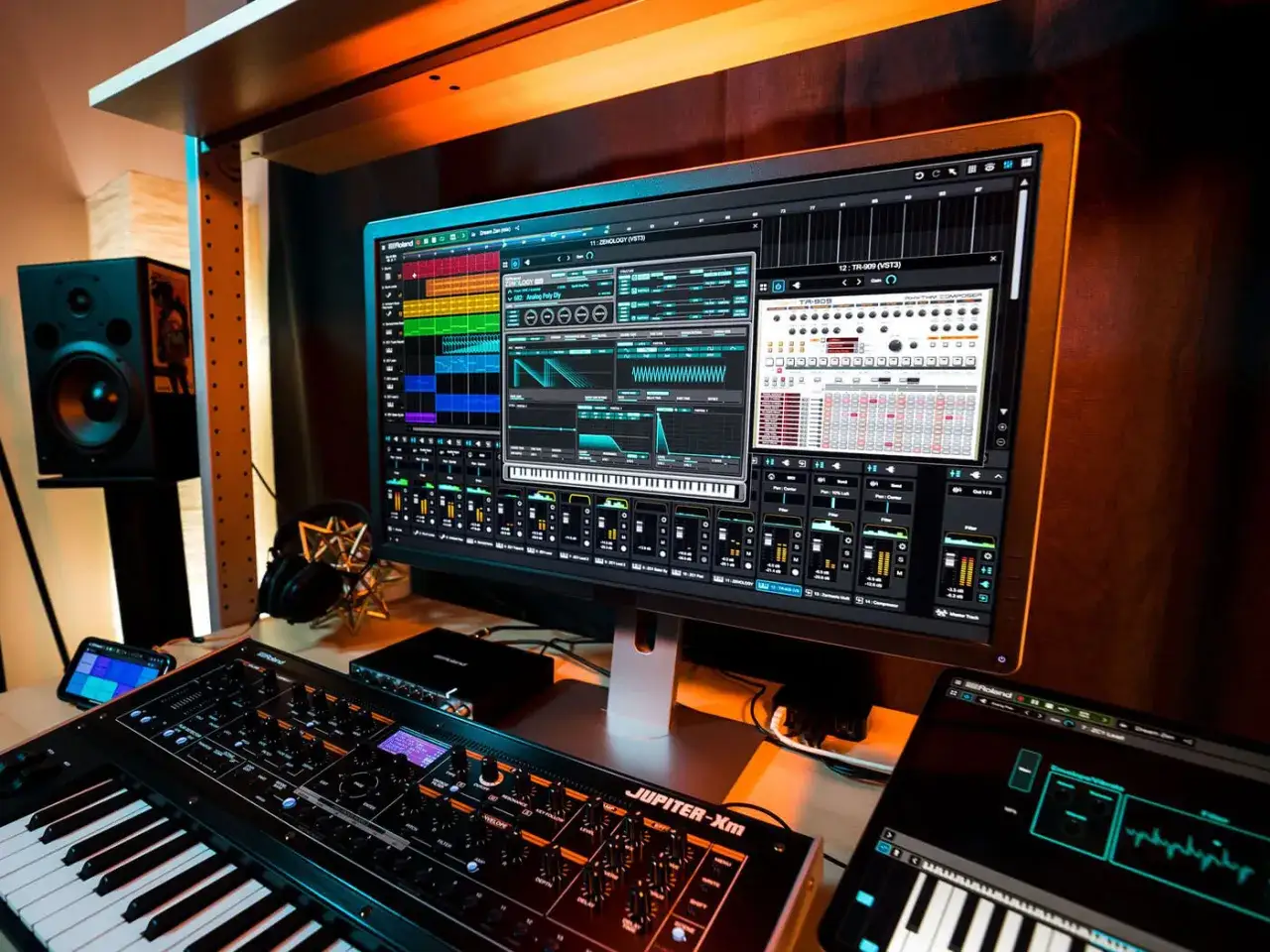 A music studio setup featuring a Roland Jupiter-Xm keyboard and a computer screen displaying the Roland Zenology (VST3) software, alongside other music production tools.