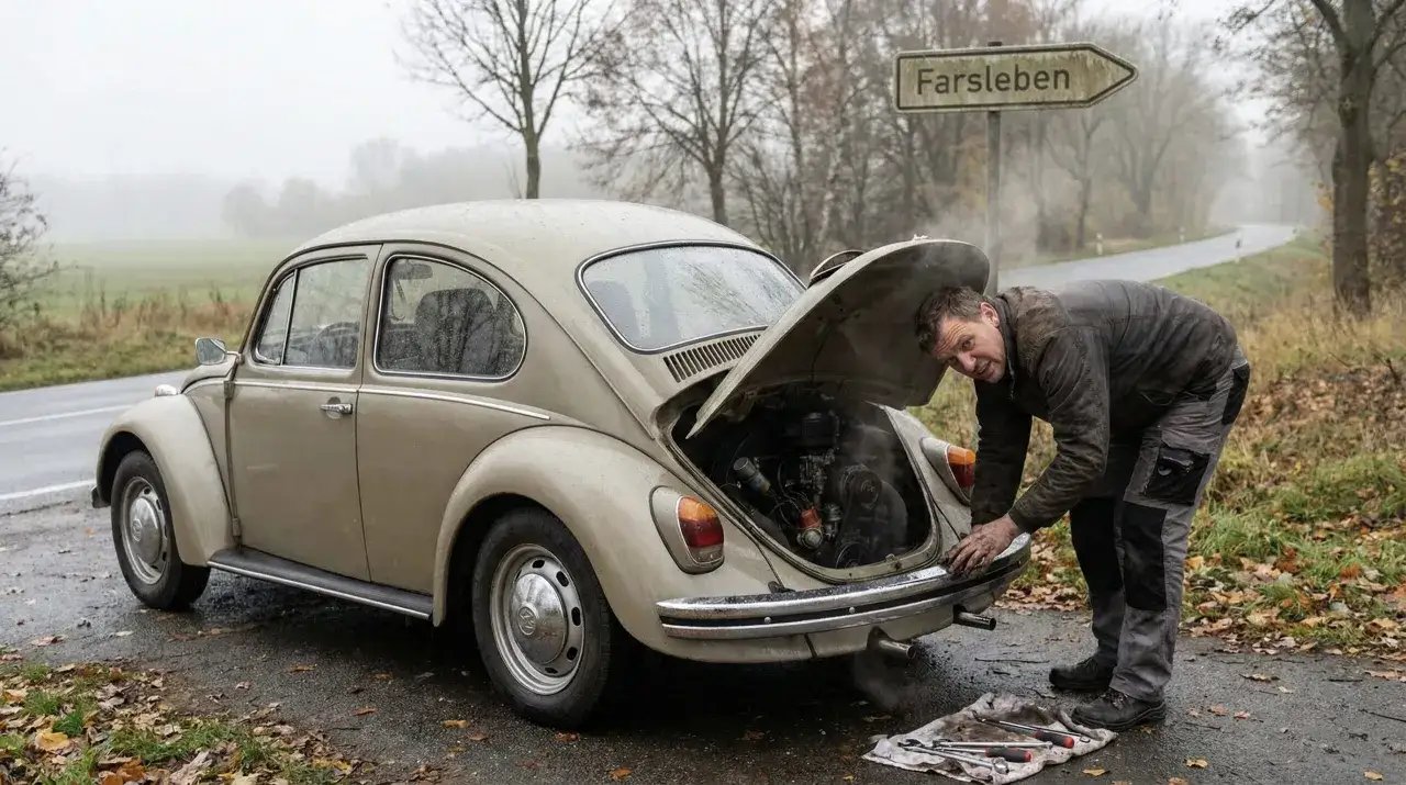 Mann repariert seinen K&auml;fer, der beim Gas geben ruckelt. Werkzeug liegt bereit.