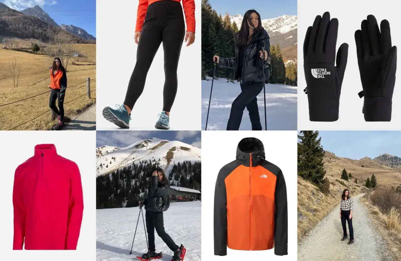Abbigliamento per camminare in inverno: giacche, pantaloni, pile, guanti e scarpe per affrontare sentieri innevati e percorsi montani.