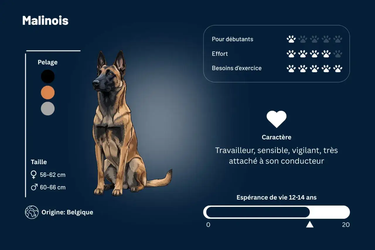 Le Malinois, travailleur et vigilant, n'est pas intrinsèquement dangereux. Son caractère dépend de l'éducation. Il est très attaché à son conducteur.