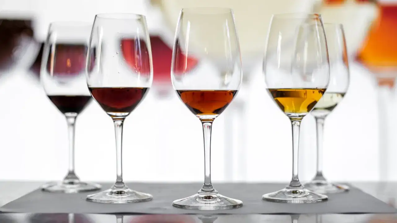 Copas de vino con diferentes tonalidades, mostrando la diferencia entre amontillado y oloroso.