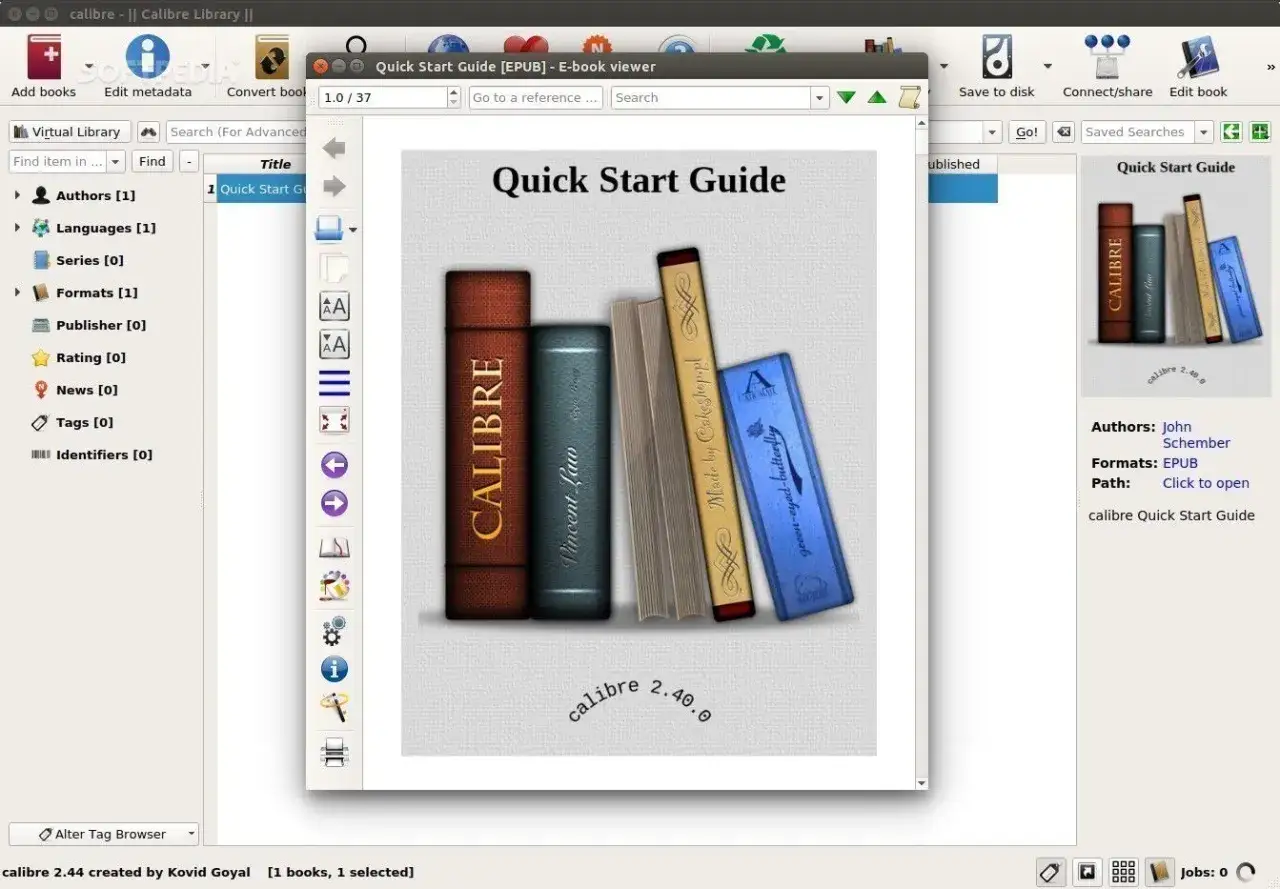 Le logiciel gratuit lecteur epub Windows, Calibre, affiche le guide de démarrage rapide d'un livre électronique.