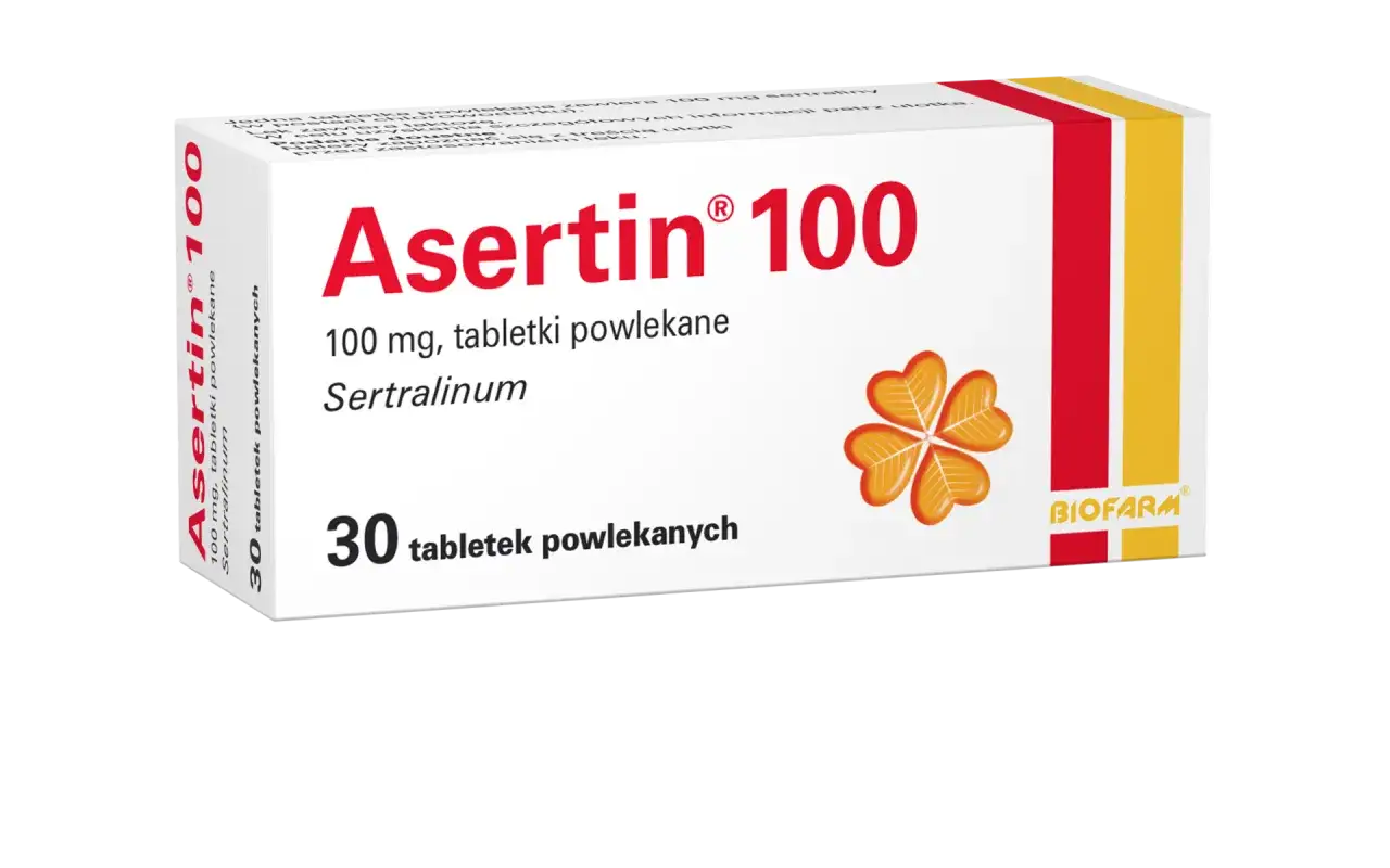 Opakowanie leku Asertin 100 mg, zawierające 30 tabletek powlekanych z sertraliną.