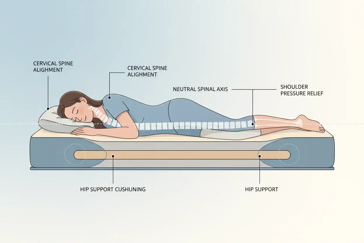 Illustration shows a woman sleeping on her side, demonstrating proper cervical spine alignment and neutral spinal axis. This suggests one pillow is ideal for spinal health.