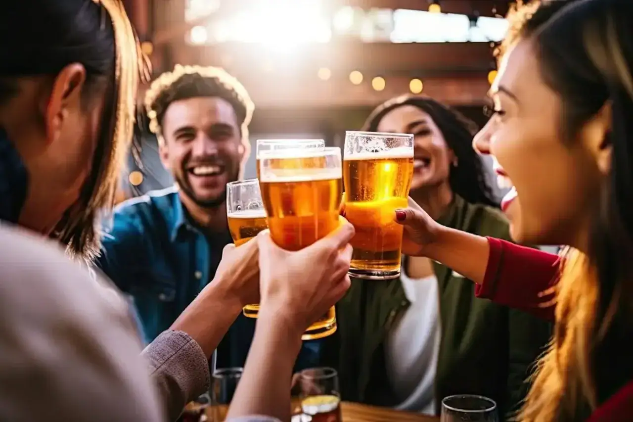 Przyjaciele świętują w jednym z najlepszych pubów w Warszawie, wznosząc toasty piwem.