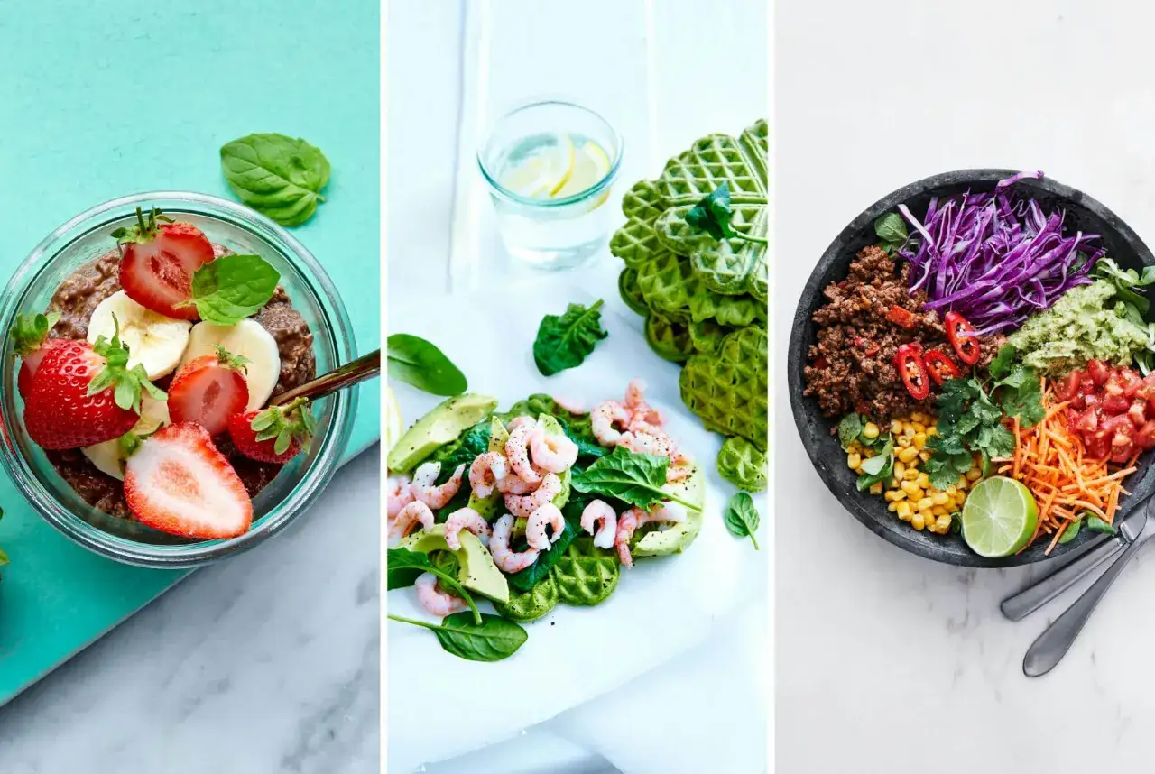 Tre olika maträtter: gröt med bär, gröna våfflor med räkor och avokado, samt en tacobowl. Även om de ser fräscha ut, kan vissa ingredienser vara processade livsmedel.