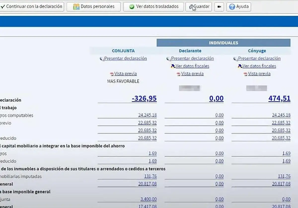 Comparativa de la ley 35/2006 del IRPF: declaración conjunta vs. individuales. Muestra resultados de -326,95€, 0,00€ y 474,51€.