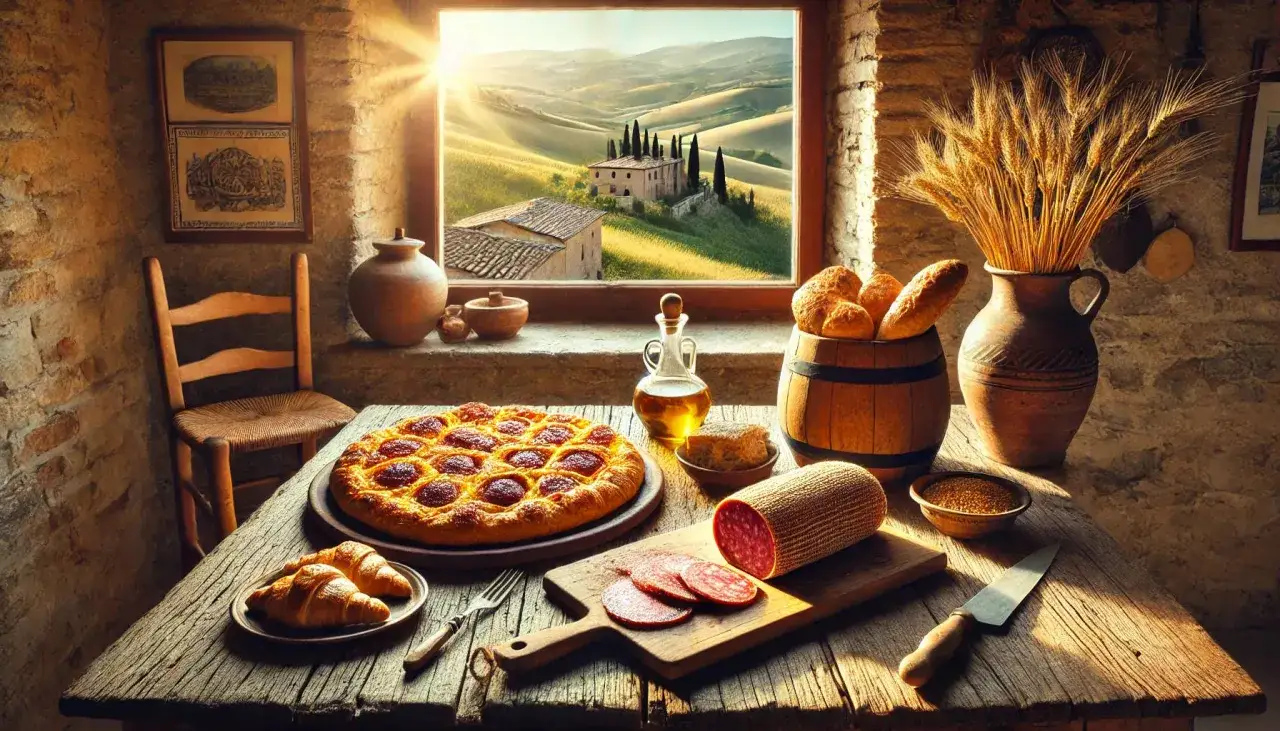 Tavola rustica con pizza, salumi e pane, che evoca i sapori autentici dei piatti tipici Macerata, con vista su colline dorate.
