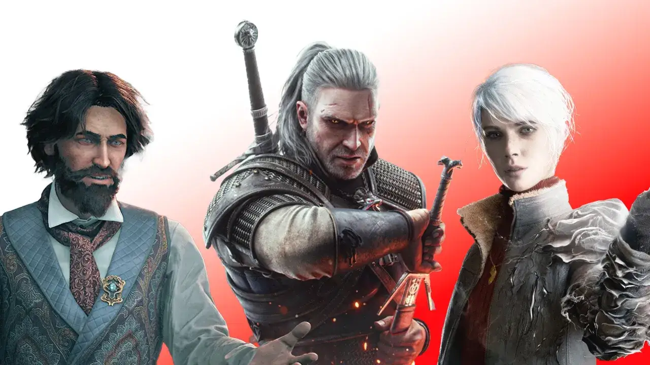 Geralt z Rivii, Ciri i postać z innej polskiej gry, wszystkie gotowe do walki.