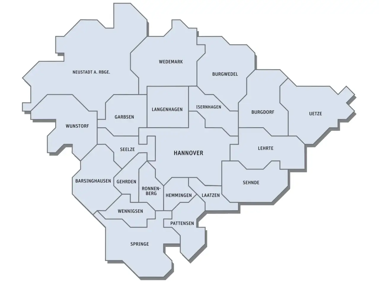 Karte der Region Hannover mit Ortsteilen. Hier wird die Mietpreisbremse in Hannover und Umgebung diskutiert.