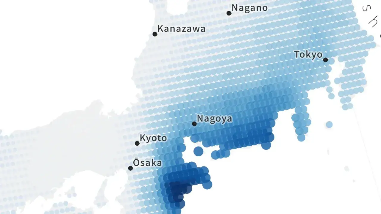 Mapa Japonii z zaznaczonymi miastami: Tokio, Nagoja, Kioto, Osaka, Kanazawa, Nagano. Kolory wskazują na Japonia temperatury w ciągu roku.