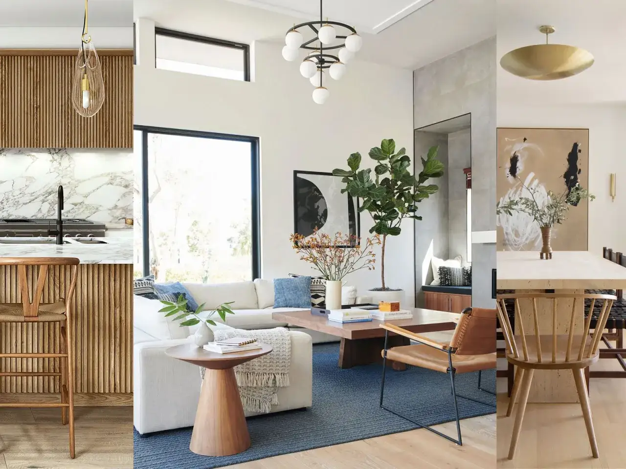Interni di una casa stile nordico: cucina con bancone in legno, soggiorno con divano bianco e tavolino, sala da pranzo con tavolo in pietra e sedie in legno.