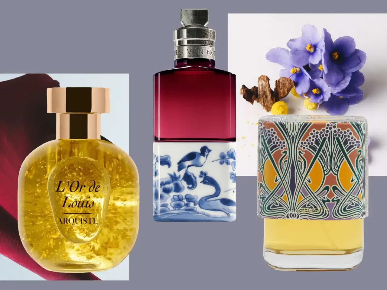 Kolekcja popularnych perfum w USA: złoty flakon L'Or de Louis, flakon z motywem ptak&oacute;w i fiołk&oacute;w oraz perfumy w ozdobnym opakowaniu.