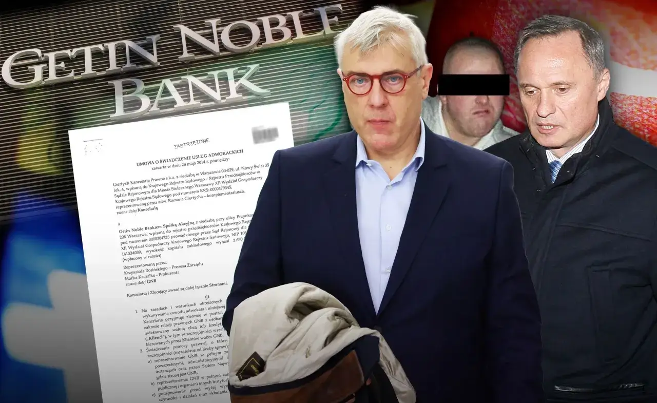 Mężczyźni na tle logo Getin Noble Bank. Dokument prawny sugeruje, że bank nie wypłacił kredytu po akcie notarialnym.