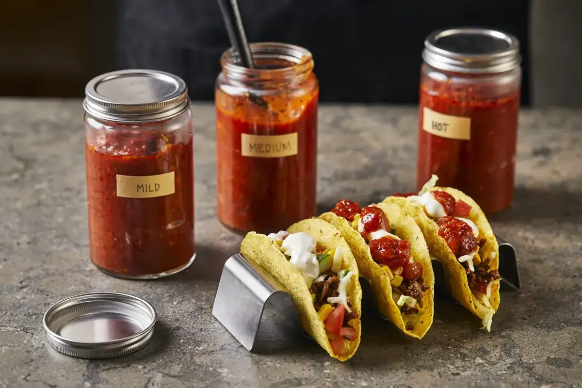 Tre burkar med salsa, märkta
