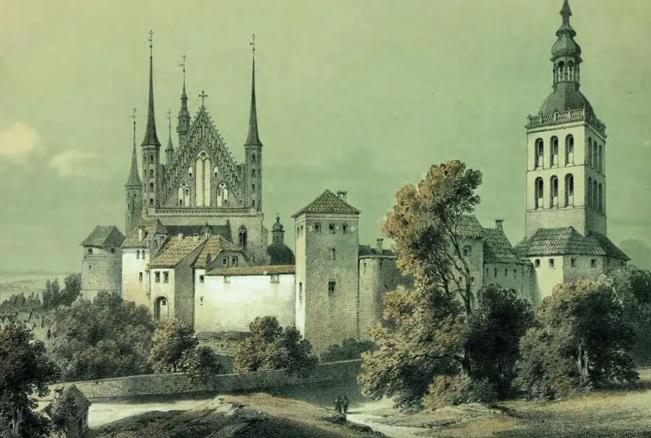 Zamek Frombork z wieżą i katedrą, otoczony drzewami.