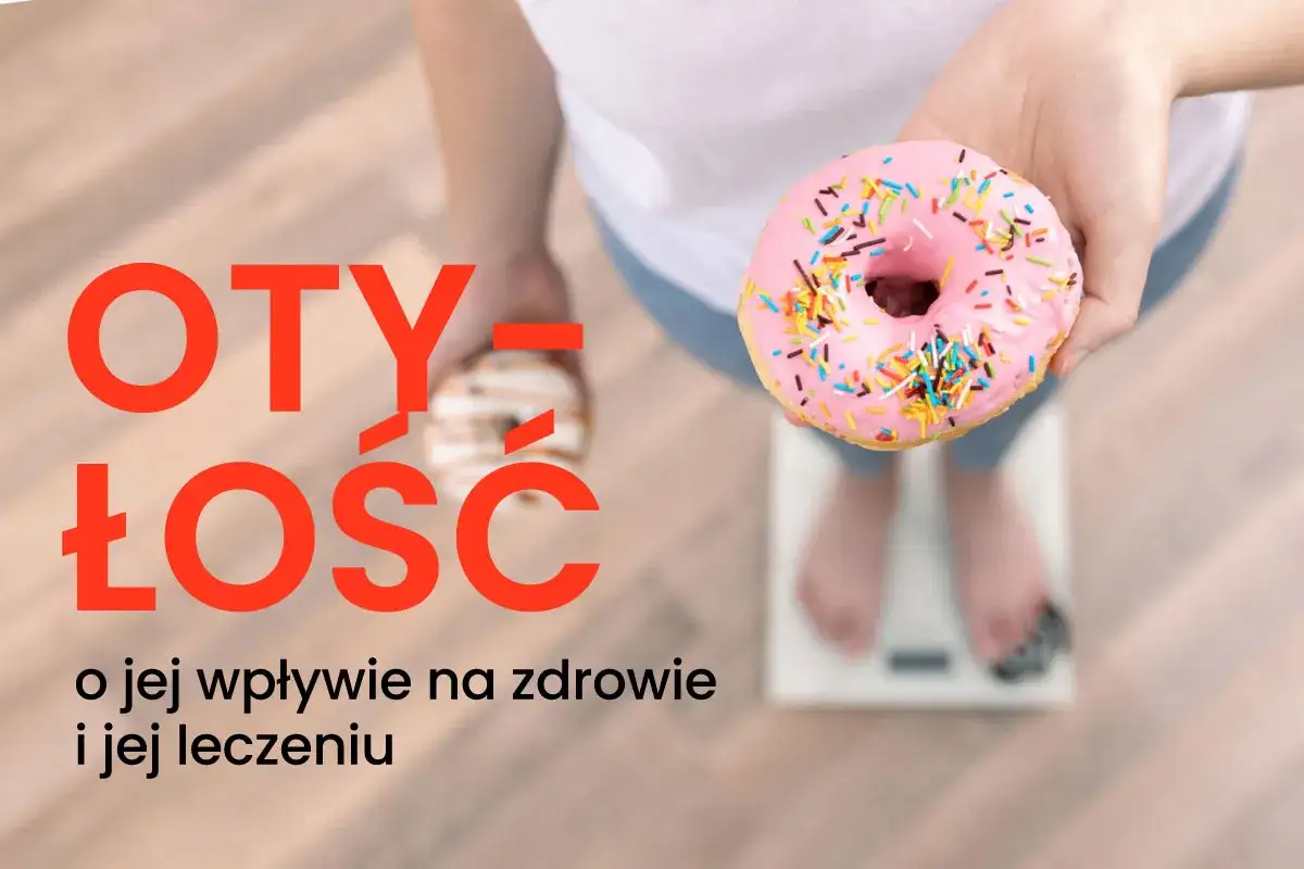 Osoba na wadze trzyma pączki. Tekst informuje o leczeniu otyłości, sugerując tabletki na odchudzanie na receptę.