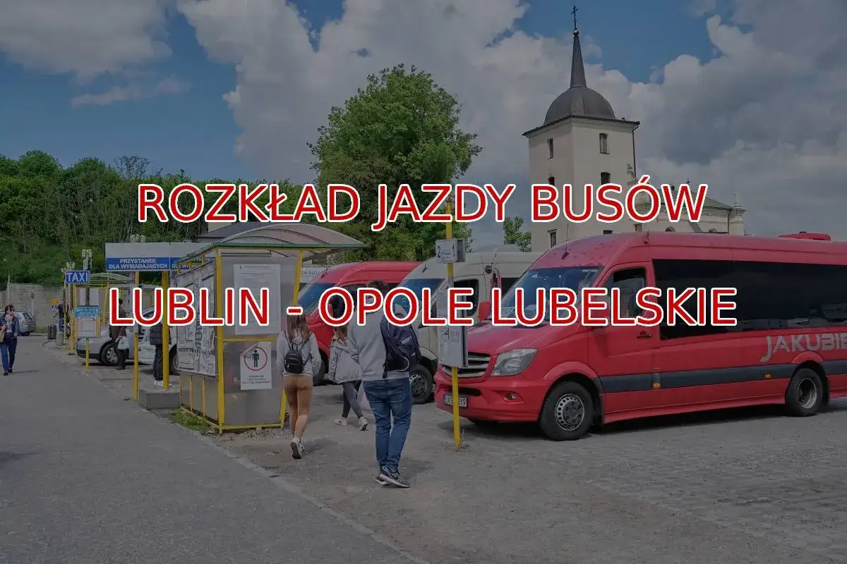 Rozkład jazdy busów na trasie Lublin - Opole Lubelskie. Czerwone busy czekają na pasażerów.