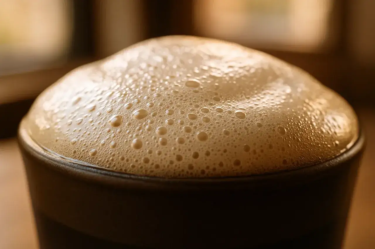Schiuma densa e cremosa su una bevanda scura, risultato perfetto di come montare il latte freddo per un cappuccino.