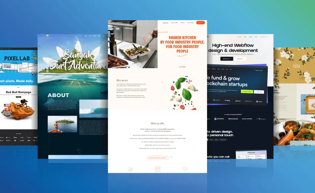 A collection of simple one page website templates showcasing diverse designs for surf adventures, food businesses, and tech startups.
