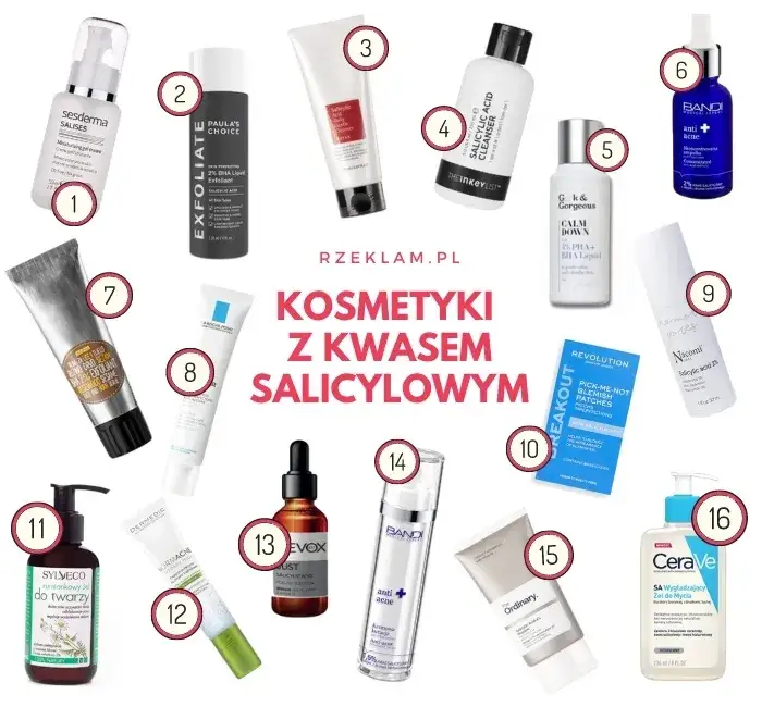 różne produkty z kwasem salicylowym (tonik, serum, peeling, żel do mycia)
