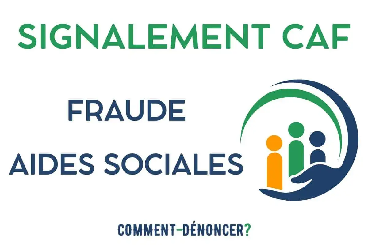 Signalement CAF : fraude aux aides sociales. Comment signaler ? L'image montre un logo stylisé avec des silhouettes de personnes sous une main protectrice, symbolisant la protection sociale.