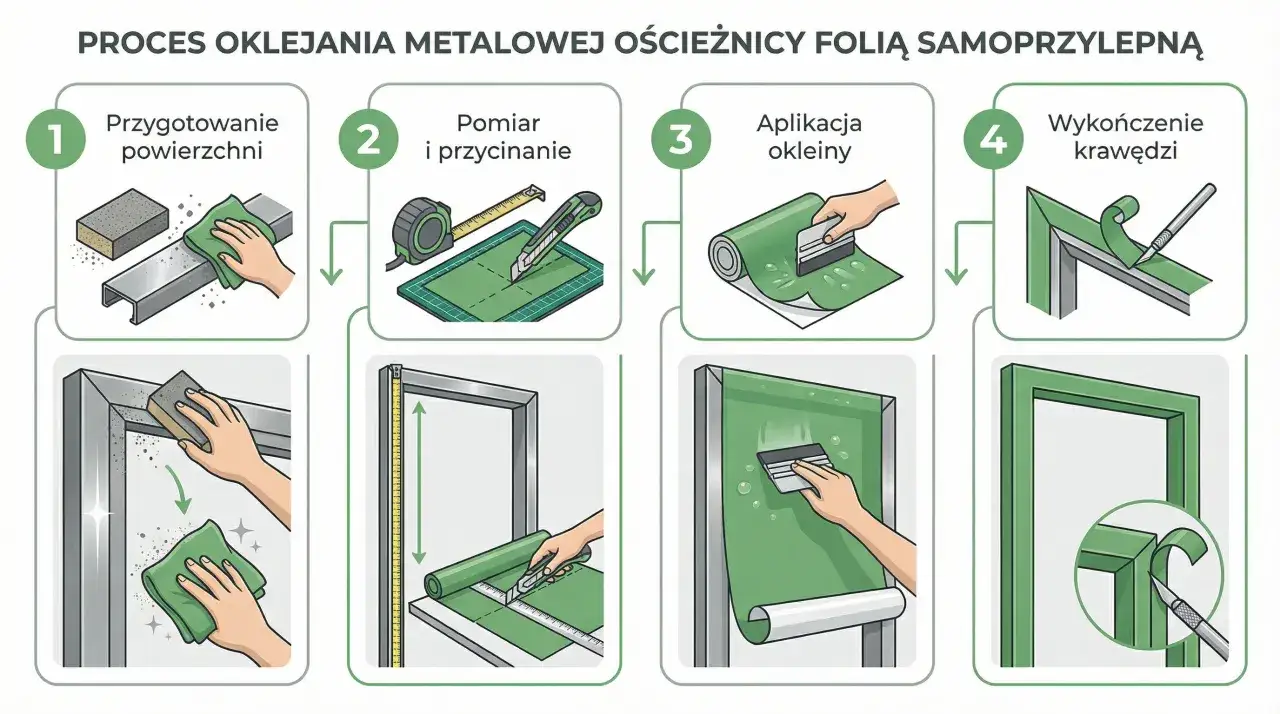 Proces oklejania metalowej ościeżnicy folią samoprzylepną: przygotowanie, pomiar, aplikacja i wykończenie. Listwy maskujące ościeżnice zyskują nowy wygląd.