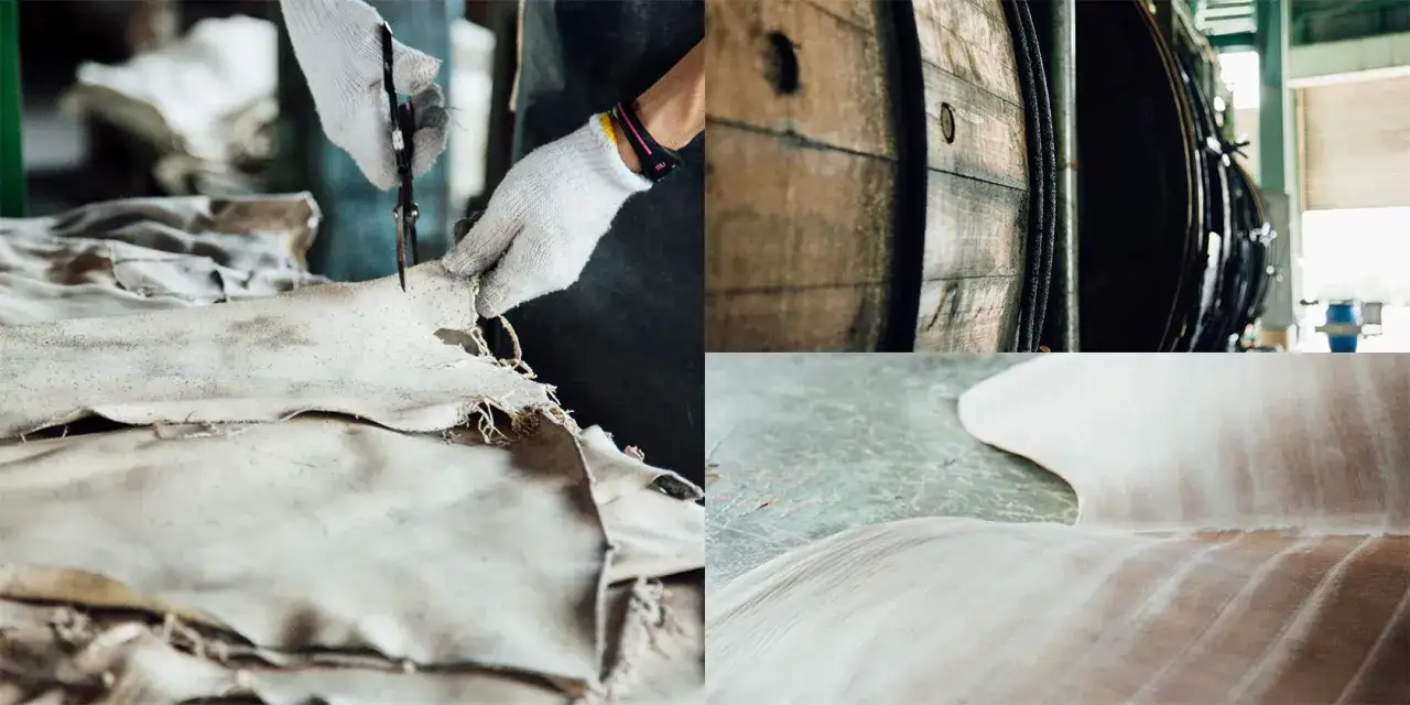 Mains gant&eacute;es travaillant une peau brute. Le cuir, mati&egrave;re noble, prend forme. Gros plan sur la texture.