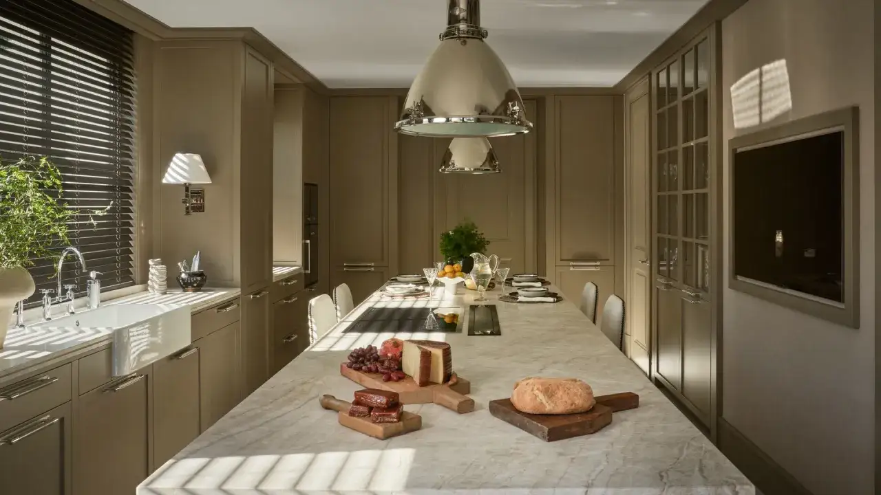 Cocina moderna con isla de mármol, encimeras de cuarzo, gabinetes color topo y una lámpara colgante industrial. Perfecta para decorar cocina.