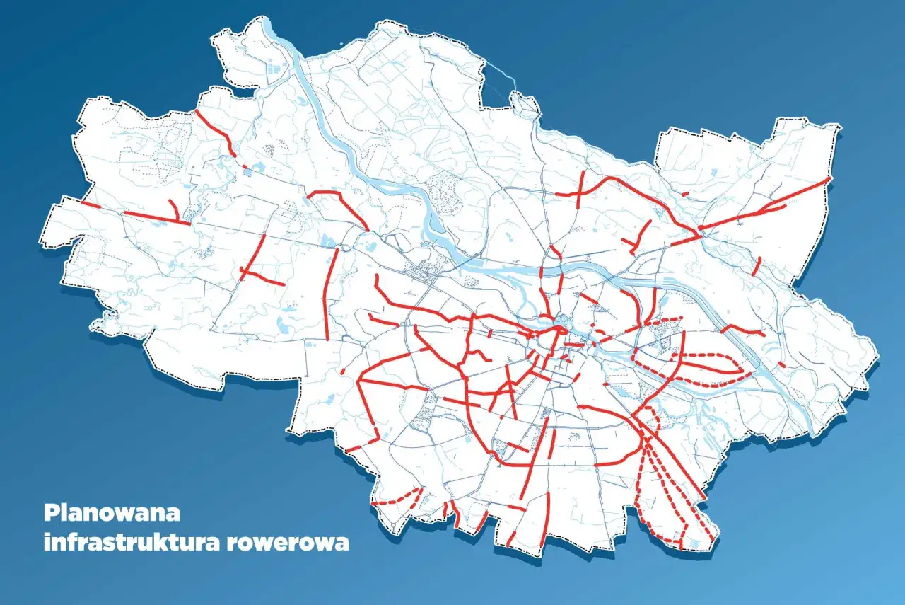 Mapa planowanej infrastruktury rowerowej we Wrocławiu. Czerwone linie pokazują przyszłe trasy rowerowe.