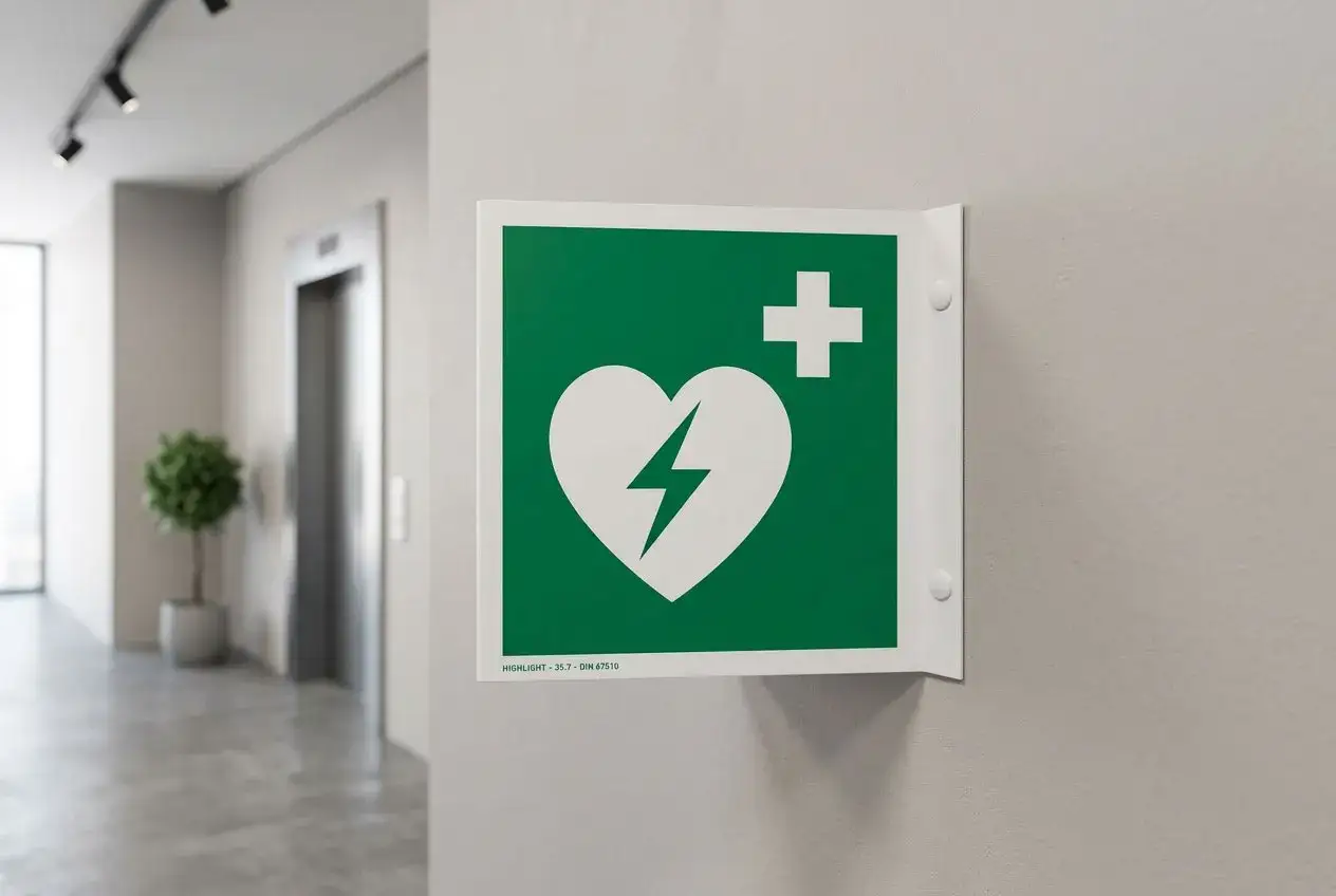 Gr&uuml;nes Schild mit wei&szlig;em Herz und Blitz, das den defibrillator standort finden erleichtert. Ein wei&szlig;es Kreuz ist oben rechts.