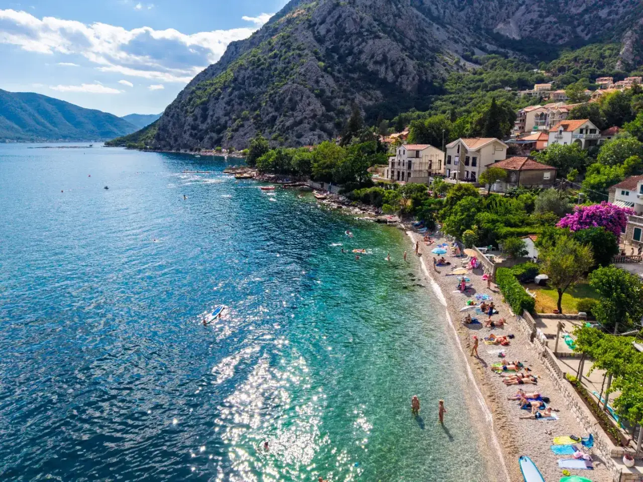 Słoneczne kotor plaże z turkusową wodą, kamienistym brzegiem i zielonymi wzgórzami w tle. Ludzie odpoczywają na ręcznikach i pływają.