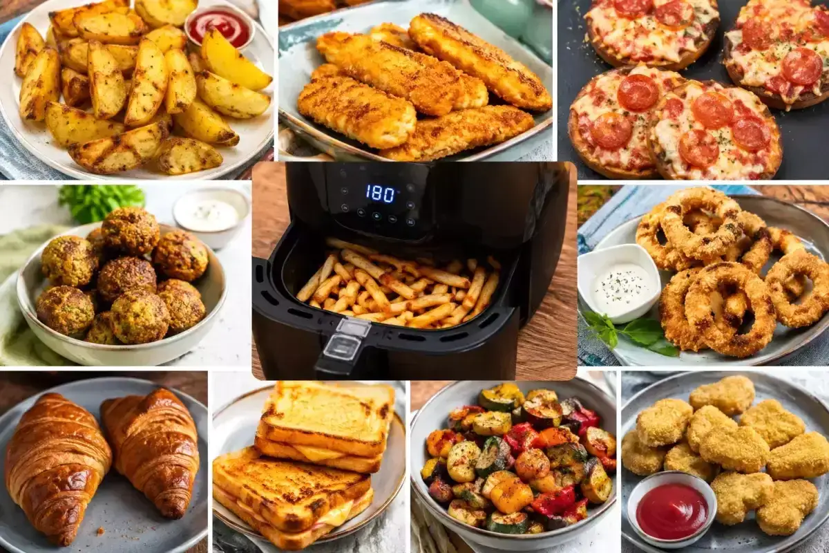 Kolorowe dania z airfryer: frytki, nuggetsy, warzywa, falafel, tosty, croissanty, paluszki rybne, krążki cebulowe i mini pizze.