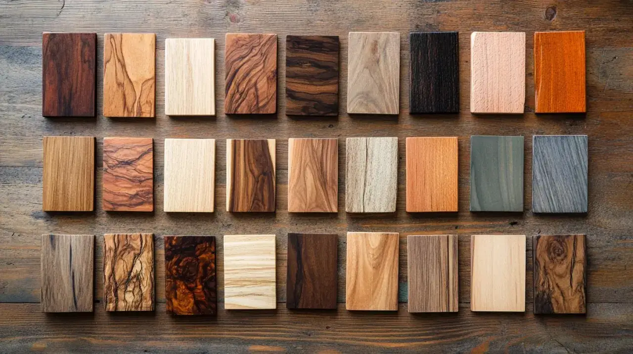 A collection of wood samples showcasing the beauty of solid wood vs. manufactured wood. Each sample displays unique grain patterns and colors.