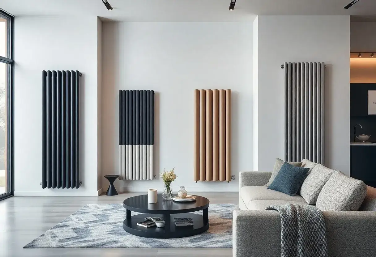 Soggiorno moderno con quattro radiatori verticali di design, uno scuro, uno bicolore, uno color sabbia e uno cromato. Non coprire i termosifoni per un riscaldamento ottimale.